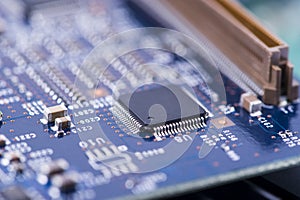 High Tech Circuit Board close up, macro. concept of information technology