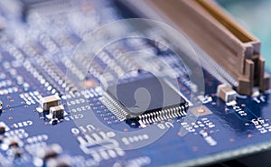 High Tech Circuit Board close up, macro. concept of information technology