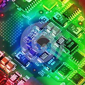 High Tech Circuit Board close up, macro. concept of information technology