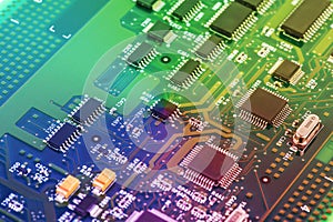 High Tech Circuit Board close up, macro. concept of information technology