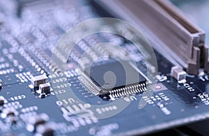 High Tech Circuit Board close up, macro. concept of information technology