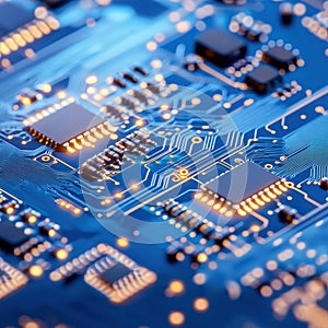 High Tech Circuit Board Close up of Microchips Electronics Technology Innovation Computer Hardware