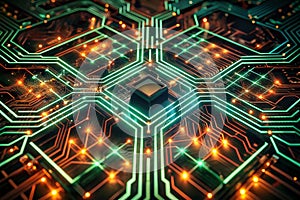 High-tech circuit board, glowing lines, central processor, complex network