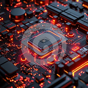 High-Tech Circuit Board with Glowing Red Elements and Microchip