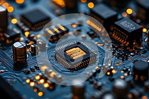 High-Tech Circuit Board with Microchip and Glowing LED Elements for Electronics and Computing Design Generative AI