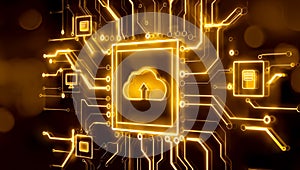 Digital circuit board showcasing advanced cloud computing, data centers, and network technology.