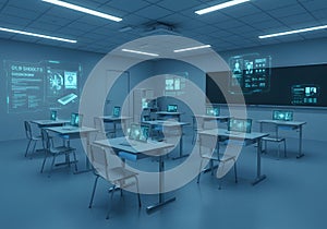 High tech classroom interior modern education and digital technology
