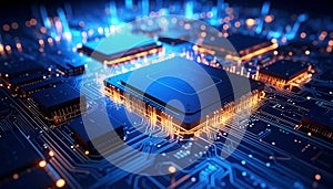 A high-tech close-up image of a glowing microchip embedded in a futuristic circuit board