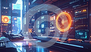 Futuristic Command Center with Holographic Displays and Cityscape View