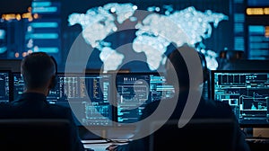 High-tech command center with glowing world map