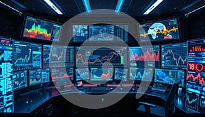 High-tech Command Center with Multiple Monitors Displaying Financial Data and Charts