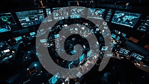 High-tech command center with multiple monitors displaying global data and maps in a dark, futuristic environment