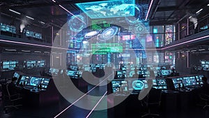High-tech command center with multiple screens and operators control room technology