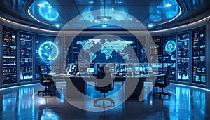 Futuristic Command Center with World Map Display