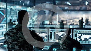 a high-tech command center with rows of monitors display