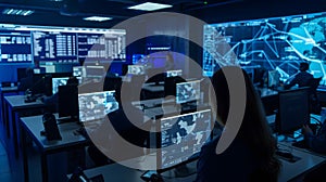 a high-tech command center with rows of monitors display