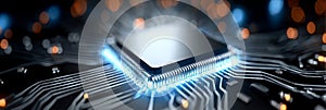 High-Tech Computer Chip Component with Blue Light Technology for Advanced Data Processing Systems
