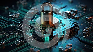 High tech computer chip motherboard with processor transistors microchips, computer IT data security concept, abstract