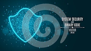 High-tech computer concept. A blue glowing neon shield made of binary code. The system is protected. The dark scene