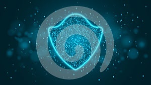 High-tech computer concept. A blue glowing neon shield made of binary code. The system is protected