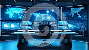 High Tech computer lab for data analytics with a lot of dashboards in several monitors, Generative AI