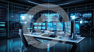 High Tech computer lab for data analytics with a lot of dashboards in several monitors, Generative AI