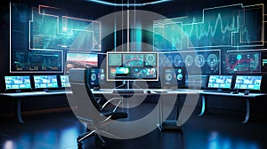 High Tech computer lab for data analytics with a lot of dashboards in several monitors, Generative AI