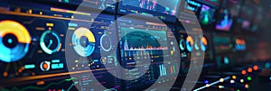 A high-tech computer screen displaying a detailed network monitoring dashboard with real-time data analytics and system
