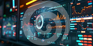 A high-tech computer screen displaying a detailed network monitoring dashboard with real-time data analytics and system