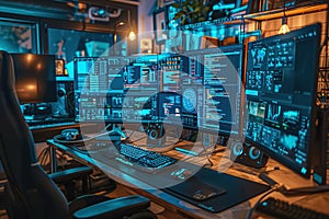 High-Tech Computer Workspace with Multiple Screens