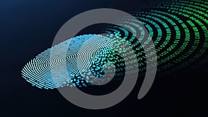 Digital fingerprint made of binary code on a dark background.