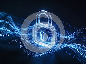 Digital Security Padlock with Glowing Binary Code Waves