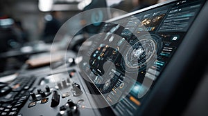 high tech control panel displaying advanced data analytics and visualizations, showcasing futuristic interface with various