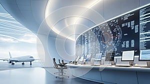 A high-tech control room at an airport, with flight control monitors and advanced aviation