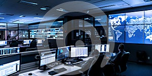 High-Tech Control Room with Data Monitoring Systems and Global Maps and Security Monitoring