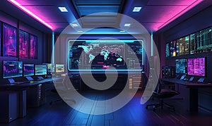 futuristic control room with multiple digital screens displaying world maps and data in a high tech environment with neon lighting