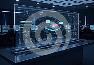 Transparent digital screen with a complex interface displaying geographical