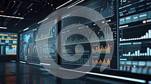 Advanced Data Visualization in a High-Tech Control Room with Multiple Screens Displaying Graphs