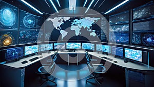 high-tech control room featuring multiple screens displaying maps and data visualizations in a futuristic, illuminated