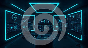 Futuristic Data Control Room with Multiple Screens and Neon Lighting