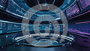 A high-tech control room filled with blue-lit data monitors displays charts, analytics, and real-time trading