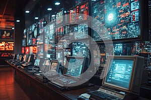 High-tech control room filled with monitors displaying data and digital interfaces
