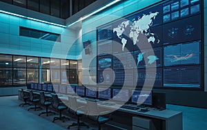 High-tech control room with large video wall displaying world map and data analysis.