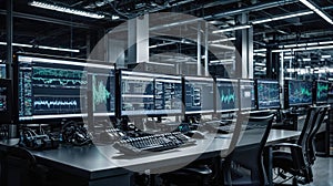 High-tech control room with multiple monitors displaying data, security feeds, and code perfect scene for cybersecurity, analytics photo