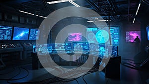 High- Tech Control Room with Multiple Monitors Displaying Data and Space Imagery high-tech