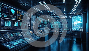 High-tech control room with multiple screens displaying data and analytics