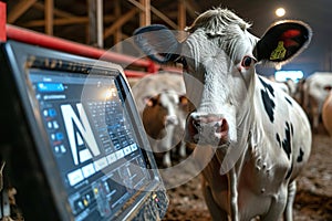 A high-tech cow farm managed by artificial intelligence. Dashboard with phrase AI and cows.