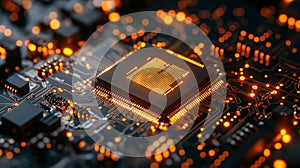 High-tech CPU on circuit board Illuminated central processing unit