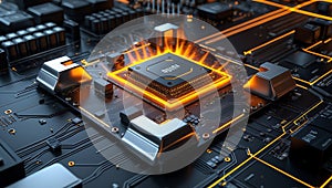 High-Tech CPU Processing on Illuminated Circuit Board