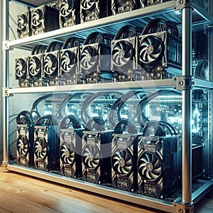 High-Tech Cryptocurrency Mining Rig Setup with GPUs and Cooling Systems - Detailed Image